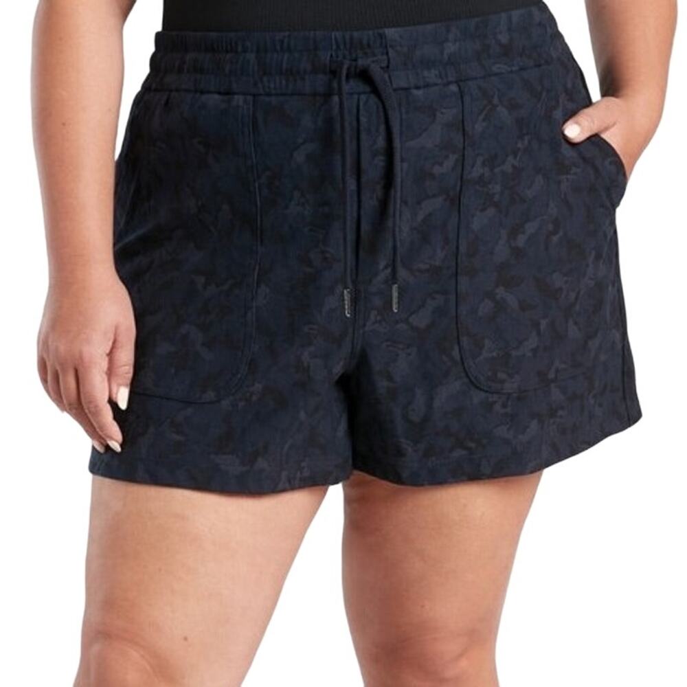 Athleta Camo Farallon Shorts Organic Cotton Drawcord Elastic Waist Navy 14